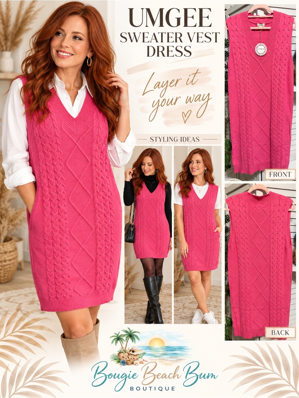 Umgee Pink Cable Knit Sleeveless Sweater Vest Dress